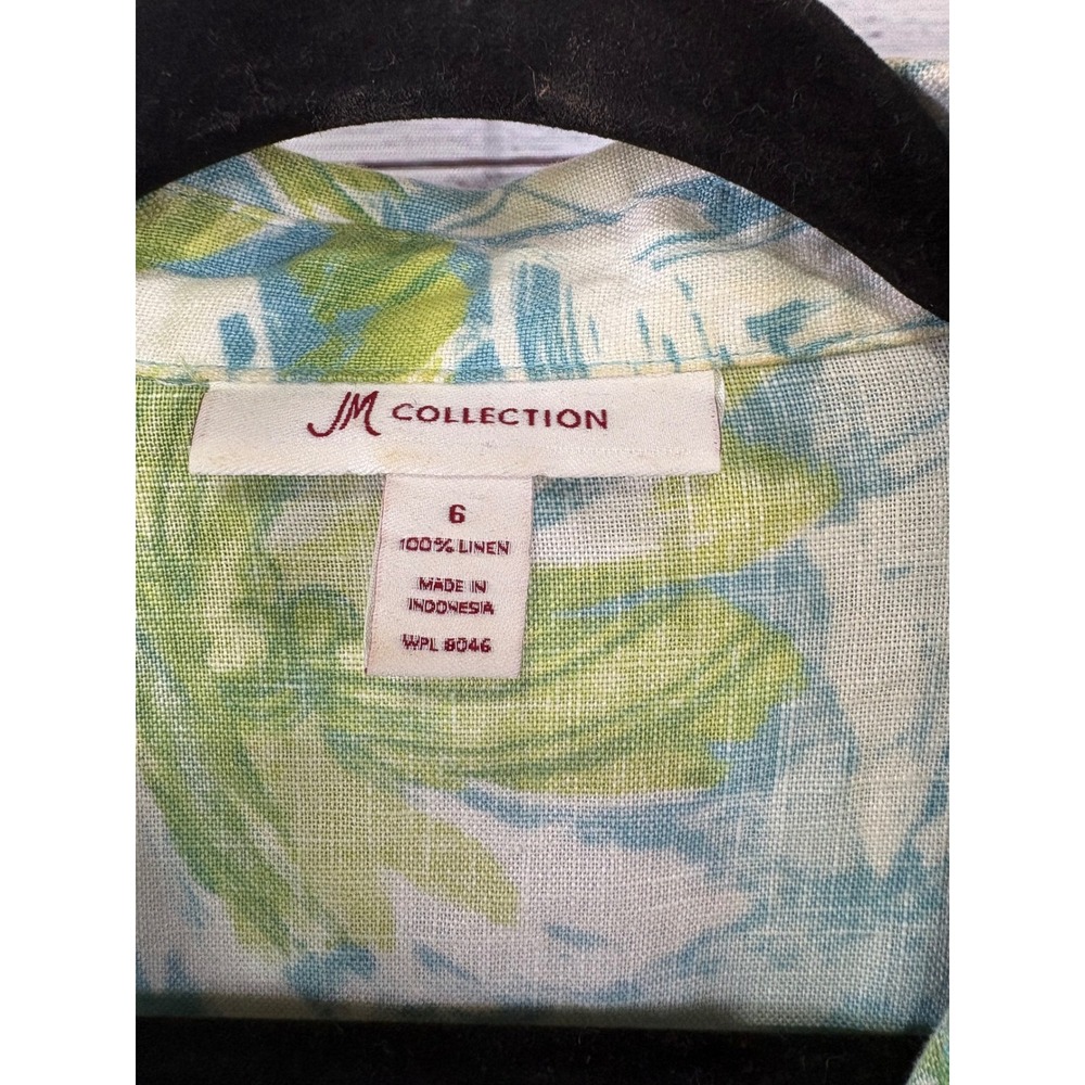 JM Collection 100% Linen Button Down Floral Blue Green 3/4 Sleeve Tie Cuff - Picture 3 of 10